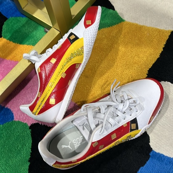 Gently used custom made shoes for women red yellow and gold painted flakes - Picture 9 of 9